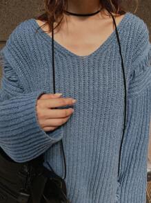FRIFUL Women Solid V-Neck Drop Shoulder Long Sleeve Fuzzy Patchwork Loose Sweater, Autumn/Winter