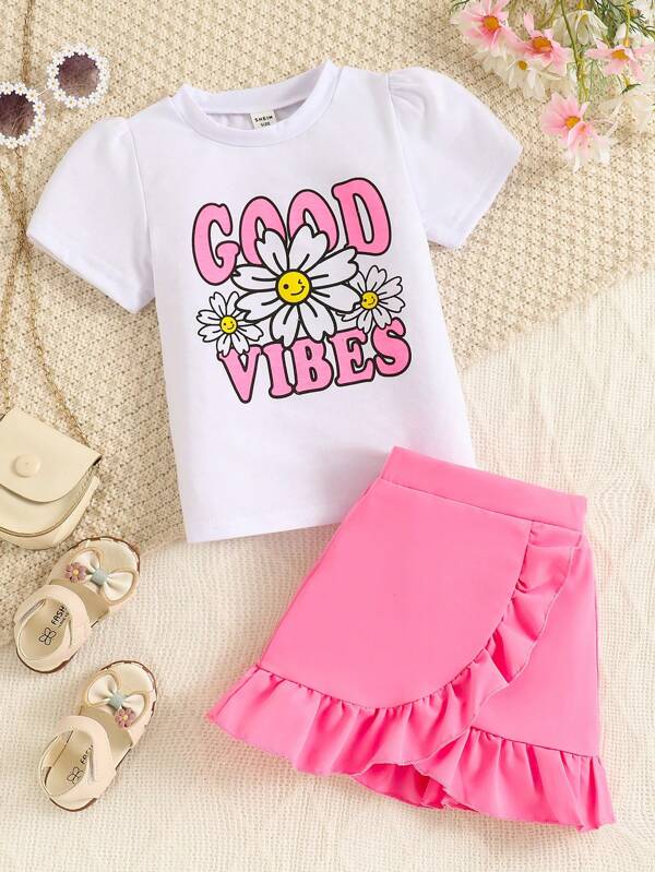SHEIN 2pcs/Set Young Girl Floral & Letter Print Puff Sleeve Top With Solid Color Ruffled Hem Wrap Skirt Set