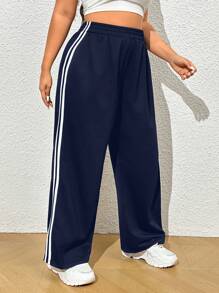 SHEIN EZwear Plus Size Mulheres Cintura Elástica Casual Lateral Listrado Perna Larga Calças de Moletom Soltas