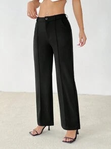 SHEIN PETITE Pantalones rectos lisos de uso casual y de oficina para mujeres