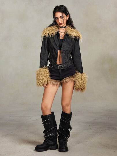 Grunge Punk Veste courte à coutures décoratives en denim mélangé duveteuse de style Chic Y2K