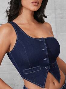 Denimoi Top corto de denim con un hombro para mujer, perfecto para el otoño - Azul lavado oscuro - Ver 3