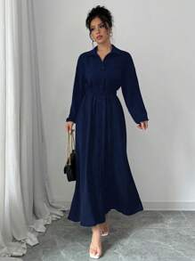 Elenzga 女士纯色前扣腰部收腰休闲长袖连衣裙 - 藏蓝色 - 查看 3