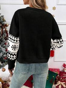 Chiquease 圣诞撞色小鹿与几何图案针织毛衣 秋冬 - 黑與白 - 查看 2