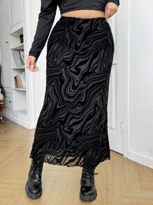 SHEIN EZwear 1 pièce Jupe évasée à motif en maille floquée doublée pour femme grande taille, noire, pour l'été