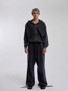 Musero Wide Leg Stitch Detailing Elasticated Ankle Strings Drawstrings Elasticated Waist SPRING SUMMER Wardrobe Sweatpants - Black - View 1