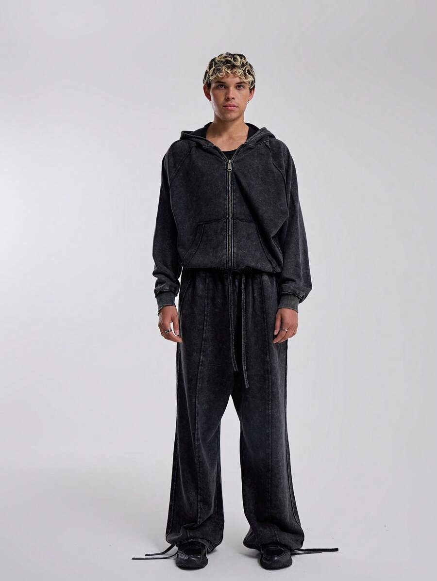 Musero Wide Leg Stitch Detailing Elasticated Ankle Strings Drawstrings Elasticated Waist SPRING SUMMER Wardrobe Sweatpants - Black - View 1