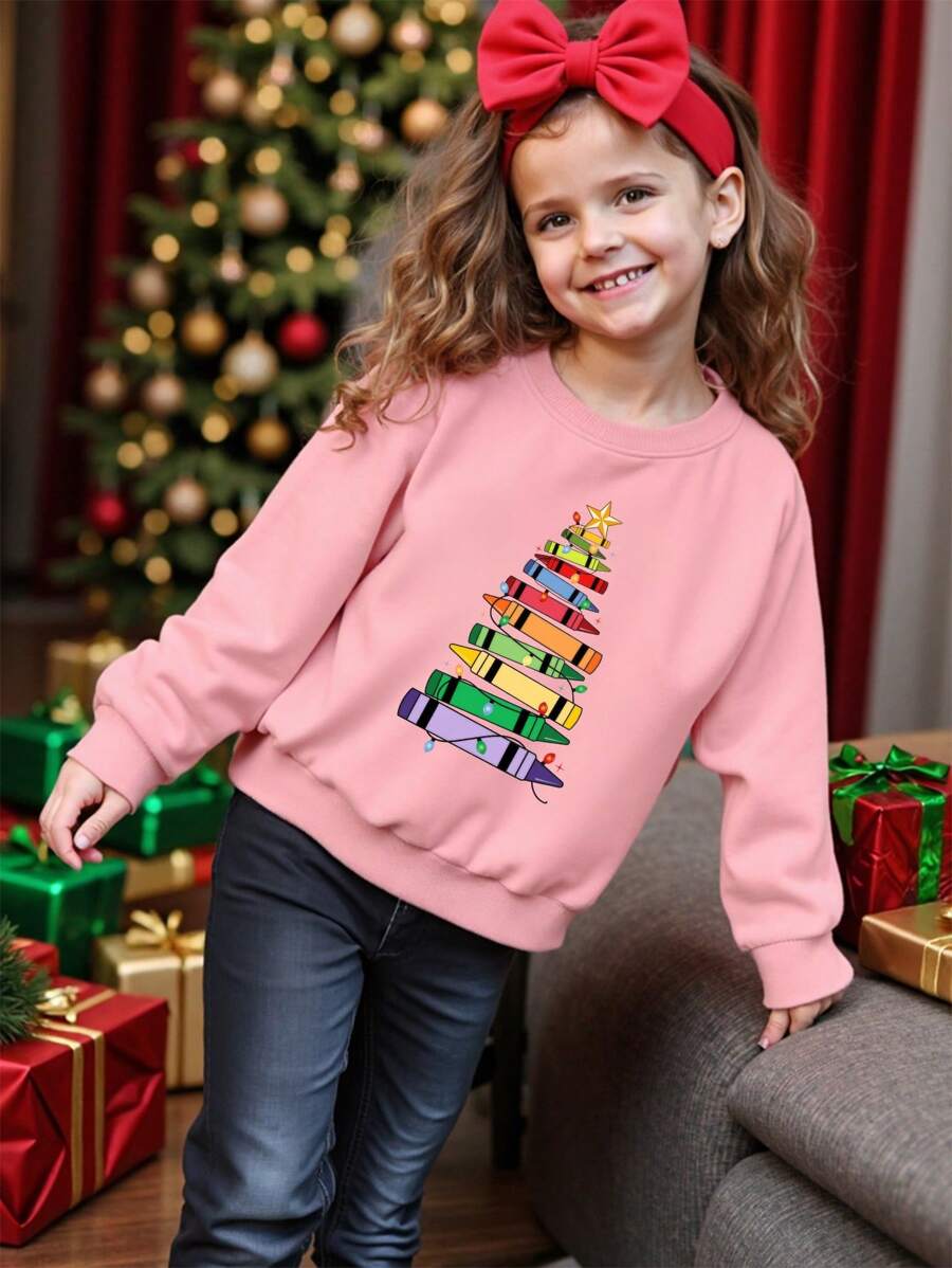Young Girl' Casual Fashionable Christmas Element Creative Colorful Pencil Christmas Tree Pattern Pullover Sweatshirt
