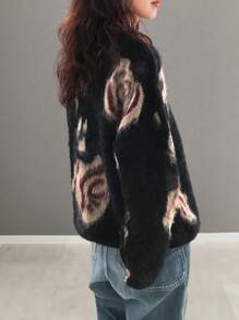 FRIFUL Women Crew Neck Long Sleeve Pattern Detail Casual Loose Knit Sweater,Fall Women Clothes