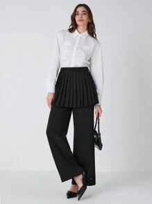 Enchnt Women's Black Solid Color Commuting Casual / Fashionable Outing / Versatile / Women's Elegant Black Solid Color Patchwork Pleated Skirt Culottes Wide Leg Loose Pants, Suitable For Winter, New Years Clothes, Elegant Women Pants,For Christmas Party&Romantic Dinner Dates - Black - View 1