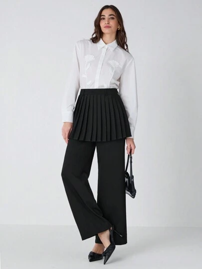 Enchnt 女士黑色纯色通勤休闲 / 时尚出游 / 百搭 / 女士优雅黑色纯色拼布百褶裙裤裙阔腿宽松裤，适合冬季，新年衣服，圣诞节女装，优雅女裤