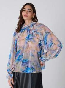 Enchnt Women Ruffled Cuff Sheer Allover Floral Print Elegant Work Long Sleeve Blouse,Fashionable For Daily Wear,For Christmas Party&Romantic Dinner Dates - Blue - View 6