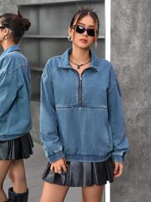 SHEIN Teenage Girls Blue Denim Long Sleeve Top