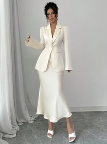 Elenzga 1 Set Solid Color Single Button Long Sleeve Blazer And A-Line Skirt Elegant Suit