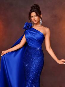 Glamrae 1 件优雅不对称领口花卉装饰侧垂亮片拼接缎面美人鱼礼服，舞会晚礼服，适合婚礼宾客、毕业典礼、晚宴、派对礼服 - 寶藍色 - 查看 7