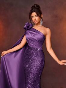 Glamrae Váy dạ hội đuôi cá bằng vải satin thêu hoa cổ bất đối xứng thanh lịch, váy dạ hội trang trọng, dành cho khách dự tiệc cưới, tốt nghiệp, tiệc tối, váy dự tiệc - Màu tím - Xem 7