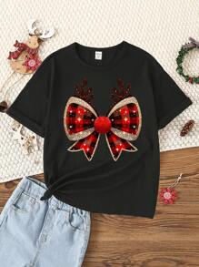 Christmas Graphic Deer Horn Sequin Plaid Stripe Bowknot Print Casual Basic Short Sleeve T-Shirt For Tween Girls, Suitable For Christmas Party