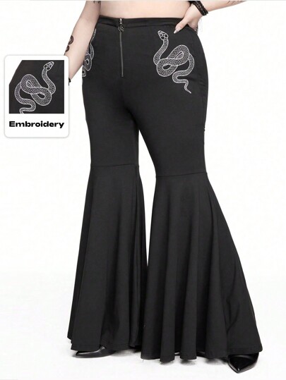 Goth Plus Size Retro Elegant Mystery Sexy Bodycon Pants With Embroidered Snake Zipper Flare Design, High Stretch