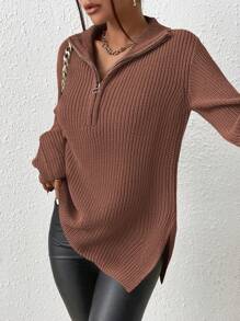 SHEIN Frenchy Half Zip Drop Shoulder Grain Black Sweater - Dusty Pink - View 6