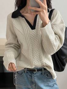 DAZY Women's Contrast Trim Ribbed Loose Polo Neck Long Sleeve Sweater Fall - Grey - View 4