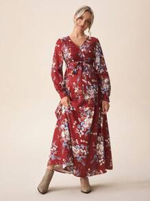 SHEIN Maternity Floral Print Long Sleeve Tie Waist Dress