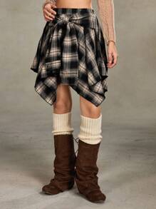 ROMWE PETITE 垃圾摇滚复古格子系带不对称分层裙 - 彩色 - 查看 5