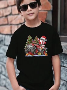 Áo thun cổ tròn tay ngắn in hình Giáng sinh cho bé trai tuổi teen, áo rộng rãi mềm mại và thoải mái - màu đen - Xem 3