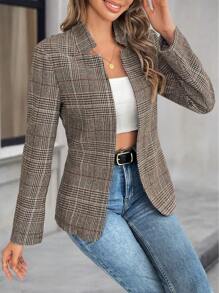 EMERY ROSE 女士优雅通勤格子西装外套，适合秋季 - 棕色 - 查看 5