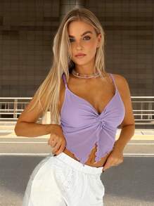 SHEIN EZwear Twist Front Lettuce Trim Cami Top - Lilac Purple - View 1
