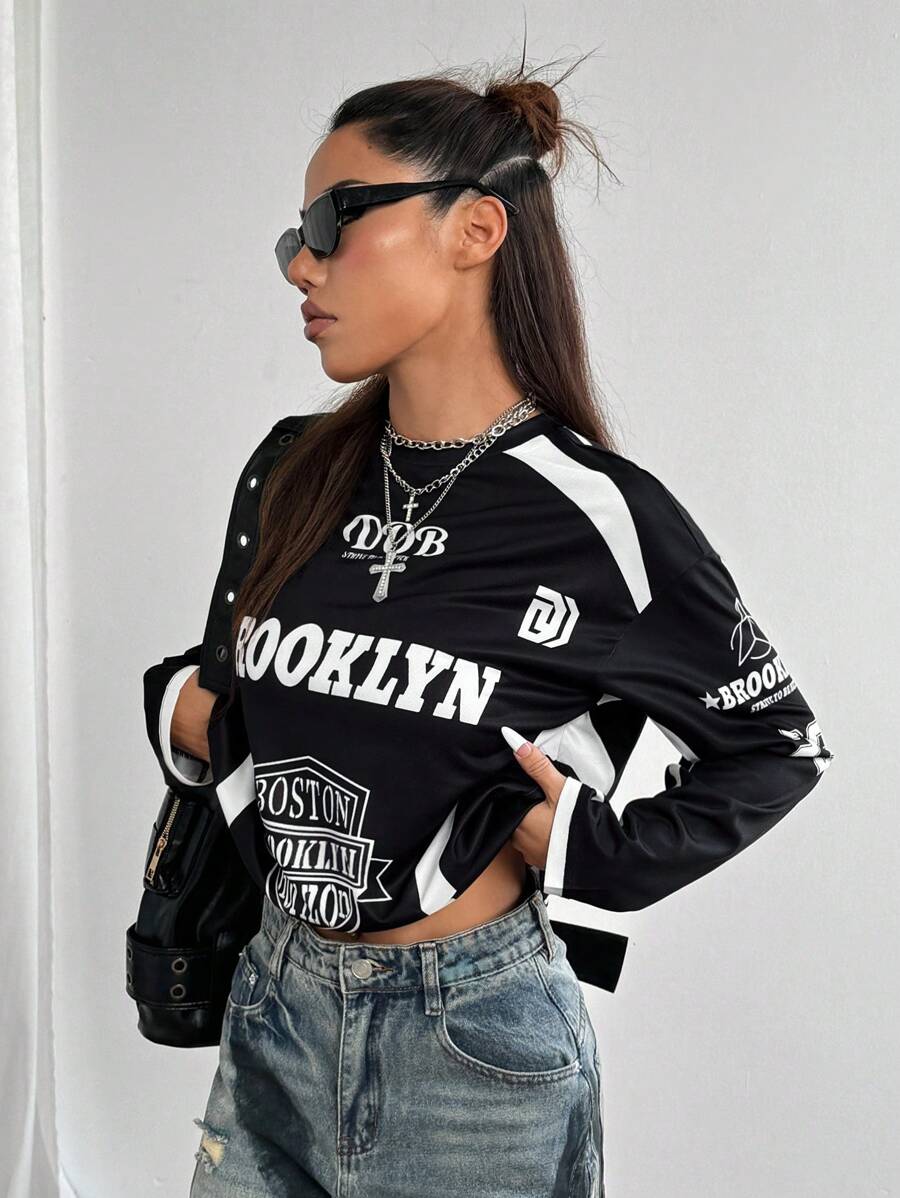 StreetHx Letter Print Mesh Contrast Drop Shoulder Long Sleeve T-Shirt For Women Graphic Tees Women Tops For Spring Fall Cloth For Women - Black - View 1