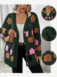 Calvaya Áo len cardigan dài tay cổ chữ V cài nút phía trước họa tiết hoa cỡ lớn, mùa đông - Màu xanh lá cây đậm - Xem 1