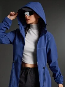 SHEIN Sports Women Solid Color Long Sleeve Drawstring Waist Long Casual Hooded Sports Jacket - Navy Blue - View 3