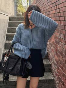 FRIFUL Women Solid V-Neck Drop Shoulder Long Sleeve Fuzzy Patchwork Loose Sweater, Autumn/Winter