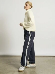 AiiRZ Pantalones de chándal clásicos para atletismo con ribete de encaje, franja lateral y tobillera acanalada para entrenamiento, yoga, correr y tiempo libre en otoño e invierno - Azul Marino - Ver 4