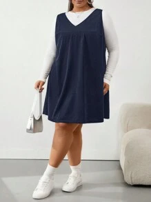 SHEIN CURVE+ French Style Solid Color V-Neck Corduroy Dress (Sweater Not Included)