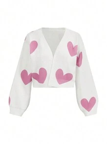 Carolina Leite Artist Y2K Style Cute Pink Heart Pattern Kawaii Cardigan For Women, Suitable For Autumn/Winter, Holiday, Vacation, Spring, Festival, Spring Break, Ibiza Fits - White - View 1