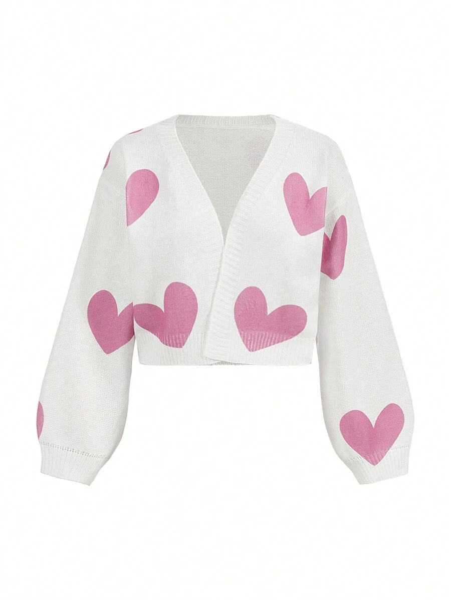 Carolina Leite Artist Y2K Style Cute Pink Heart Pattern Kawaii Cardigan For Women, Suitable For Autumn/Winter, Holiday, Vacation, Spring, Festival, Spring Break, Ibiza Fits - White - View 1
