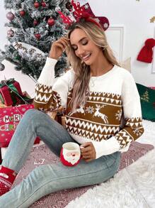 Chiquease 女士圆领长袖印花简约休闲针织套头衫，秋冬款 - 彩色 - 查看 4