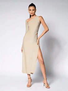 JIAN LASALA Women Apricot Midi Dresses Party,Casual Asymmetrical Neck Long Sleeve Plain Asymmetrical,Split Thigh,Cut Out Summer Outfits For Women Summer Dress For Women Sundress For Women Vacation Outfits Going Out, Wedding Guest Dress Women - Apricot - View 1