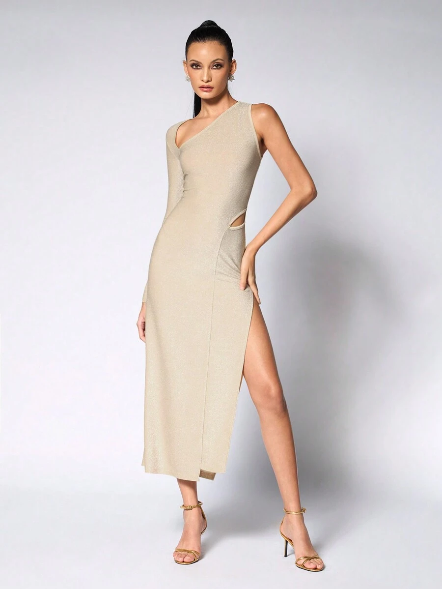 JIAN LASALA Women Apricot Midi Dresses Party,Casual Asymmetrical Neck Long Sleeve Plain Asymmetrical,Split Thigh,Cut Out Summer Outfits For Women Summer Dress For Women Sundress For Women Vacation Outfits Going Out, Wedding Guest Dress Women - Apricot - View 1