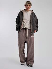 Musero Men Wide Leg Washed Style Sweatpants Elasticated Drawstring Waistband Graphic Patch Print Joggers Winter - Multicolor - View 1