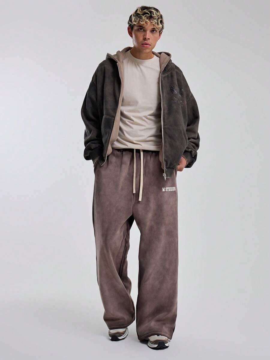 Musero Men Wide Leg Washed Style Sweatpants Elasticated Drawstring Waistband Graphic Patch Print Joggers Winter - Multicolor - View 1