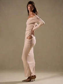 MUSERA Bardot Long Sleeve Drape Waist Maxi Dress Elegant Spring Summer Vacation Party