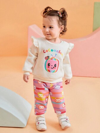 CoComelon X SHEIN Set de 2 piezas de niña bebé con sudadera con volantes estampada de sandía y pantalones a rayas coloridos, lindo y dulce