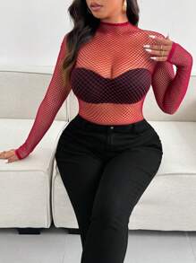 SHEIN LUNE Plus Size Sexy Fishnet See-Through Long Sleeve Fitted Sheer Top - Burgundy - View 6