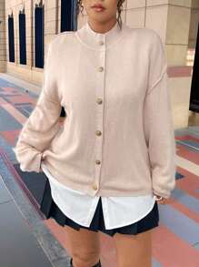Calvaya Plus Size Women Solid Color Casual Metal Guzik Nietoperz Rękaw Kardigan