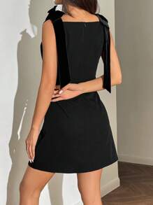 SHEIN EZwear 女士纯色蝴蝶结装饰优雅无袖迷你连衣裙 - 黑色 - 查看 2