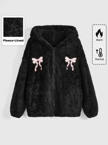 ROMWE Kawaii Cárdigan con capucha de forro térmico con bordado de moño dulce y fresco para mujeres, otoño/invierno