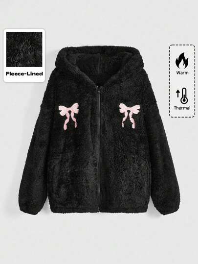 Kawaii Cárdigan con capucha de forro térmico con bordado de moño dulce y fresco para mujeres, otoño/invierno