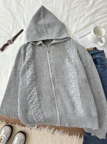 SHEIN Privé Plus Size Autumn/Winter Warm Fashionable Cable Knit Open Front Hoodie Cardigan